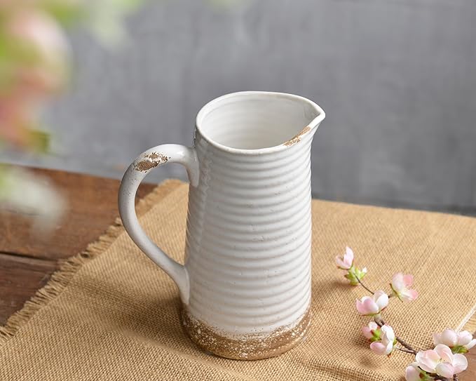 Quoowiit Ceramic Rustic Vase with Handle, White Distressed Decorative Farmhouse Pitcher Vase for Home Decor Living Room Bedroom Kitchen Office Shelf Decor Centerpiece Table Decoration