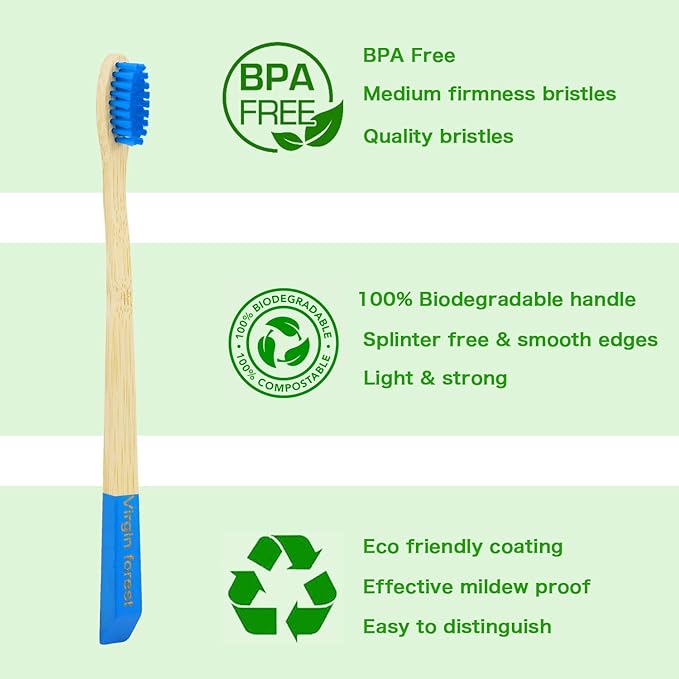 Virgin Forest Bamboo Toothbrush, Natural Eco Friendly Wood Toothbrushes, Biodegradable Charcoal Tooth Brush, Pack of 6