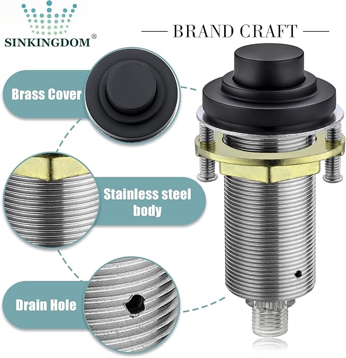 SinkTop Air Switch Kit with Matte Black Long Button (Full Brass) for Garbage Disposal, Single Outlet