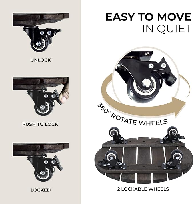 2PCs 14 INCH Wood Plant Caddy with Wheels, Rolling Plant Stand Heavy Duty, 250lbs Capacity Plant Dolly, Plant Stand with 360° Lockable Wheels for Plant Pots, Round Walnut
