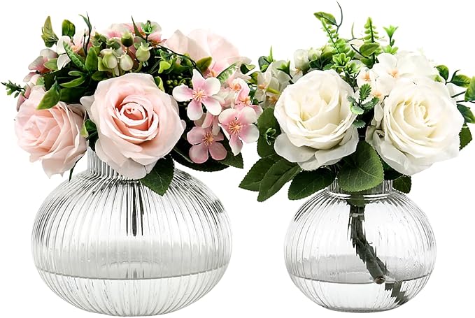 Round Glass Vases Set of 2, Flower Vases for Bouquet, Ribbed Glass Vase for Flowers, Small Clear Vase for Living Room, Office, Coffee Table, Shelf, Wedding