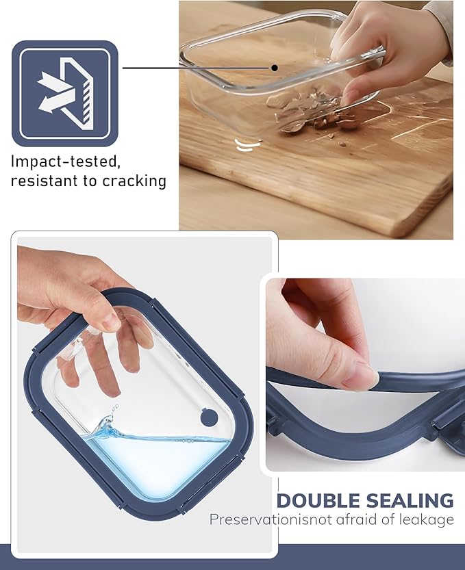 2-Pack Glass Food Storage Containers with Tempered Lids (21.3oz/2.7cup) - Airtight Snap Lock, Microwave & Oven Safe (-4℉~ 950°F), Freezer to Baking Dish, BPA-Free, Gift Box (Blue)