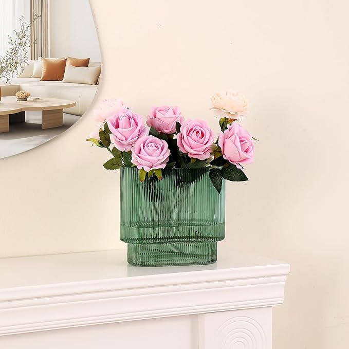 Green Glass Vase, Ribbed Glass Vase for Flowers, Flower Vases for Bouquet, Fluted Glass Vases, Modern Vase for Living Room, Dining Room, Bathroom, Desk, Shelf, Wedding, Office, 7 Inches