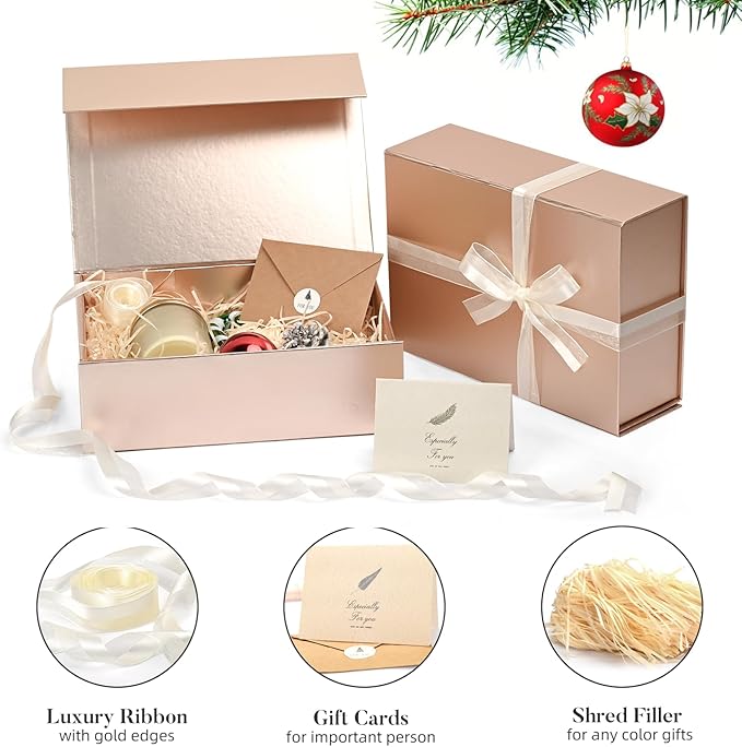 LIFELUM Rose Gold Gift Box 8 x 7 x 3 Christmas Gift Box with Magnetic Lid for Presents Sturdy Storage Contains Card, Ribbon, Shredded Paper Filler (1 Pcs