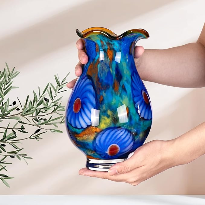 KAMMAK Colored Glass Vase, Beautiful Hand Blown Decorative Vase, Modern Art Vase for Flower Mantle Dining Table Centerpiece, Entryway Living Room Wedding Decoration, FH024