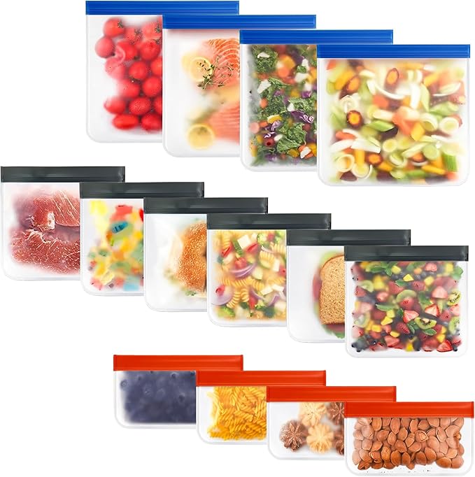 Reusable Silicone Food Storage Bags – 14-Pack Ziplock Set (4 Small, 6 Medium, 4 Large), BPA-Free Leakproof Freezer Bags, Extra Thick & Durable, Dishwasher Safe for Meal Prep, Snacks, Travel