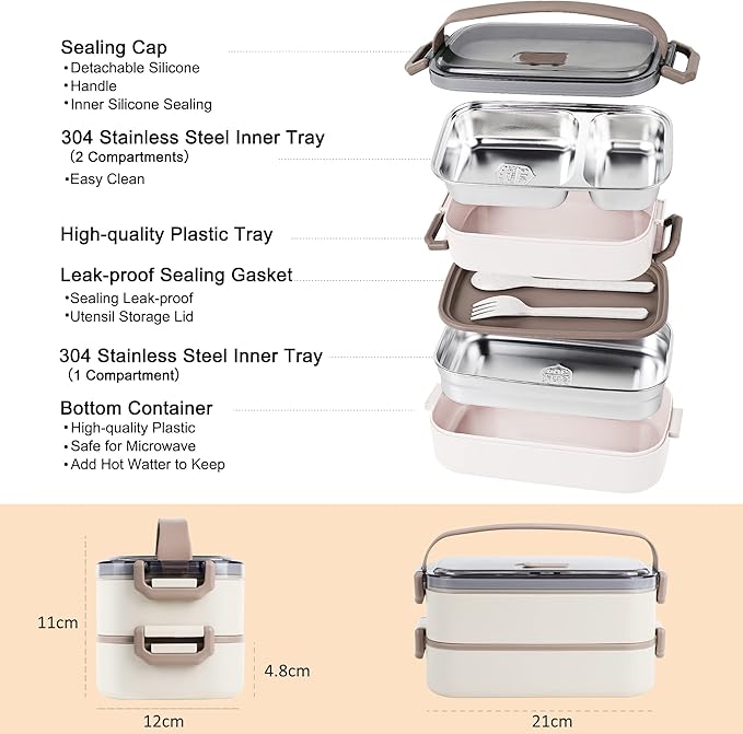 Stainless Steel Bento Box for Adults&Kids,Japanese Leakproof Lunch Box Divided Food Meal Storage Containers Set Stackable 2 Layer for Children School Picnic Beige