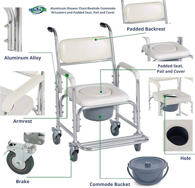 HEALTHLINE Shower Bedside Commode Chair Padded Seat With Wheels by Healthline, Medical Commode Toilet Rolling Shower Chair With Casters (4 Wheels Brakes), Commode Padded Backrest and Seat