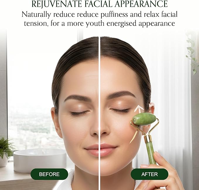 4-Piece Body Roller Jade & Authentic Jade Roller and Gua Sha Set for Face and Body Sculpting, Puffiness Reduction, Lymphatic Support, and Relaxing Spa Massage