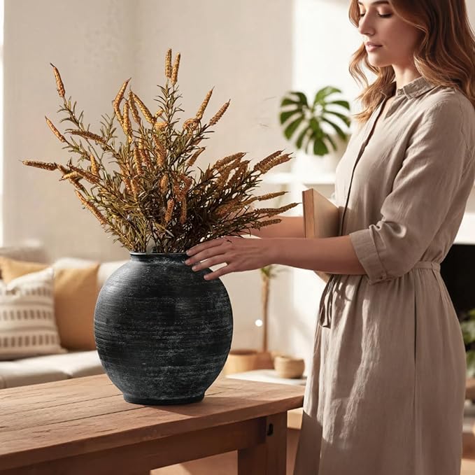 Large Black Ceramic Vase, 10.8 inch Round Minimalist Textured Floor Vase, Rustic Farmhouse Decor for Home, Living Room, Shelf, Table, Bathroom & Entryway Decoration (Black Bronze)