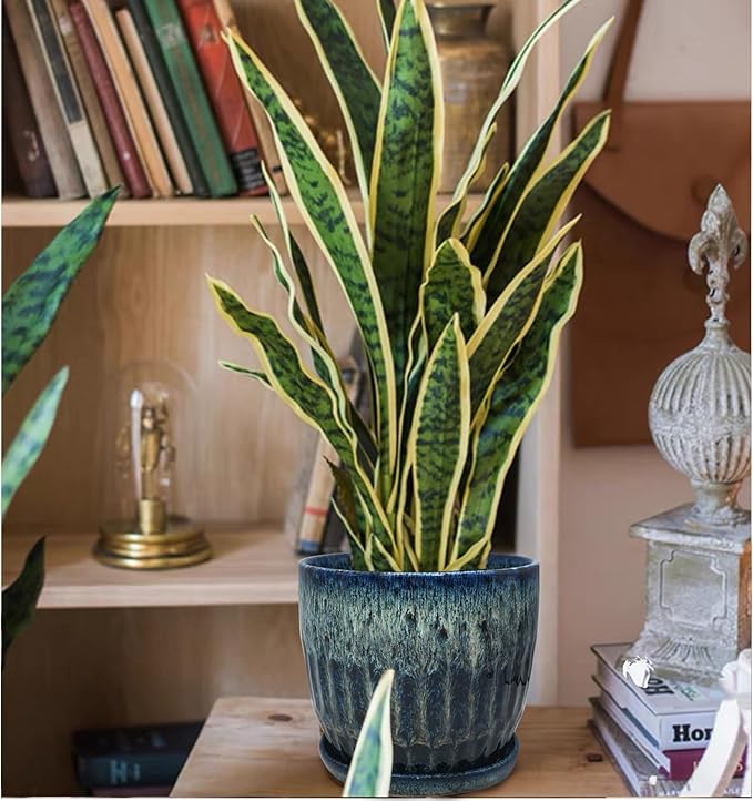 Ceramic Pots for Plants, 6in Ceramic Planters for Indoor Plants, Flower Pots with Drainage and Saucer, Reactive Glaze Blue