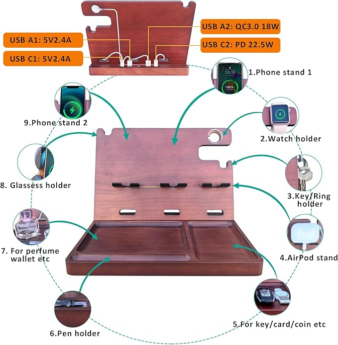 USB Charging Station for Multiple Devices Wood Phone Docking Station with QC3.0 & PD 22.5W Type c Charger Fast Charging for iPhone Samsung Google Andriod Smart Watch Earbuds Gifts for Men