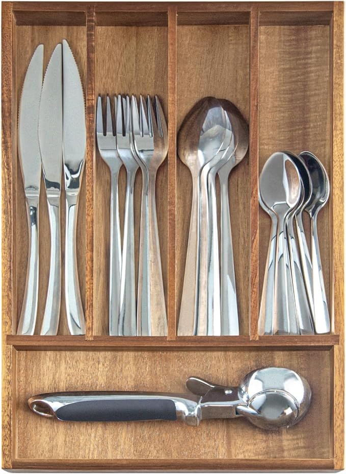 Acacia Wood Silverware Organizer, Kitchen Utensil Drawer Organizer for Forks, Knives & Spoons, 5-Compartment Cutlery Tray, Flatware Holder