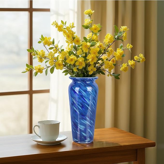 Blown Glass Blue vase, Blue Home Decor, Modern Art Wide Mouth vase for Living Room Dining Table Coffee Table entryway TV Stand nightstand Centerpiece.