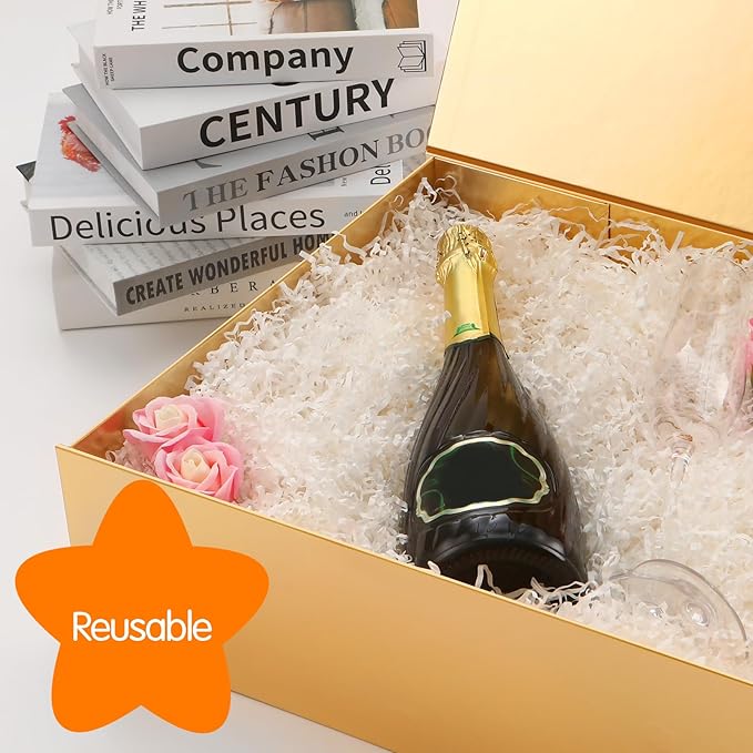 Extra Large Gift Box with Lid - 16.3x14.2x5 Inches, Gold, Bridesmaid and Christmas Magnetic Box for Clothes and Large Gifts