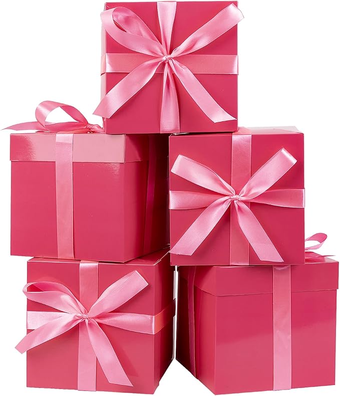 Jaywayang 5 Pack Pink Gift Boxes with Lids, Ribbons and Tissue Papers Square Gift Boxes - 7.1 Inch - Birthday, Wedding, Presents Wrapping, Mother's Day, Valentine's Day Decoration Party Favor Boxes.