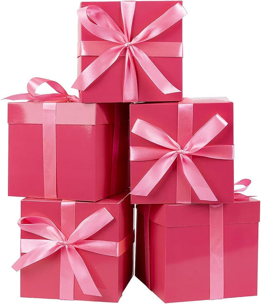 Jaywayang 5 Pack Pink Gift Boxes with Lids, Ribbons and Tissue Papers Square Gift Boxes - 7.1 Inch - Birthday, Wedding, Presents Wrapping, Mother's Day, Valentine's Day Decoration Party Favor Boxes.