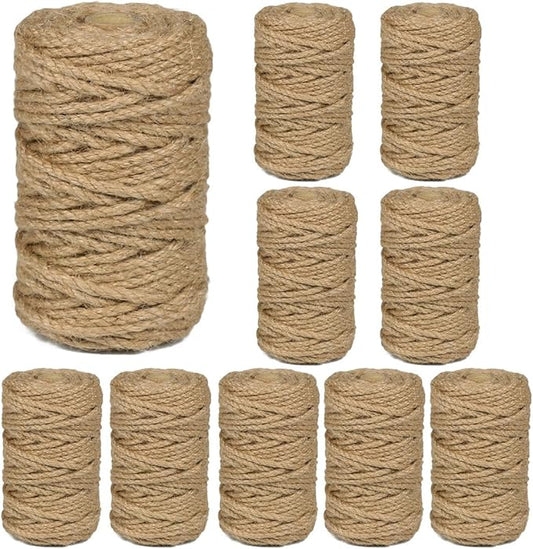 10Pcs 5mm Natural Jute Twine Rope 1050 Feet Twisted Heavy Duty Thick Twine for Cat Scratching Post Tree Craft Projects Garden Home Decoration Packing Bundling (Brown-105Feet/Roll)