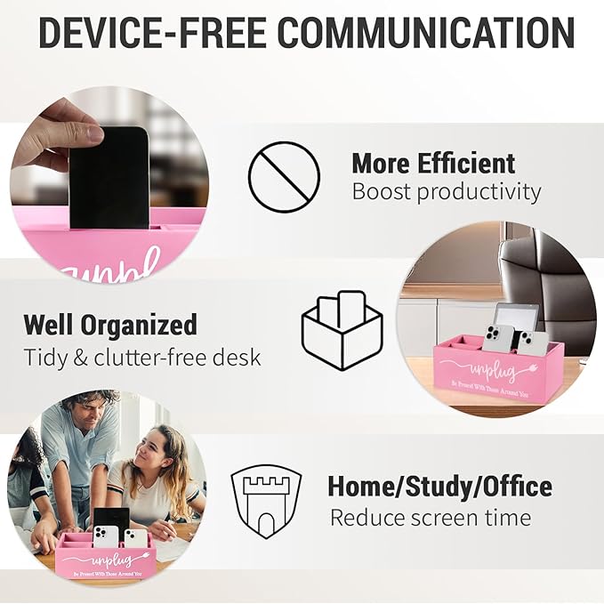 Bamboo Wood Phone Box – Unplug from Phones, Tablets, and Electronics for Study, Meetings, and Family Time, Phone Holder Organizer with Charging Holes, Farmhouse Style, Holds Up to 18 Phones-Pink