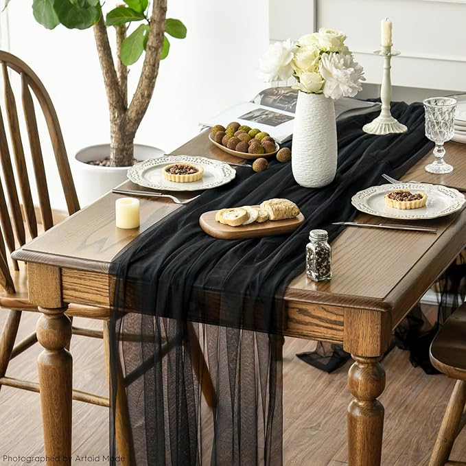 Artoid Mode 3PCS Black Gauze Table Runner 120 Inch 10FT, Seasonal Sheer Kitchen Dining Holiday Wedding Birthday Baby Shower Table Decor for Home Party