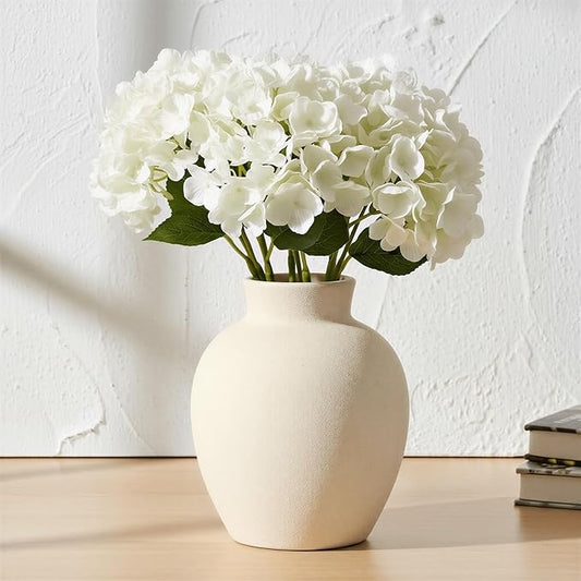 6-Inch Off-White Ceramic Flower Vase, Rustic Farmhouse Boho Pottery Centerpiece for Home Decor, Table, Living Room & Mantel