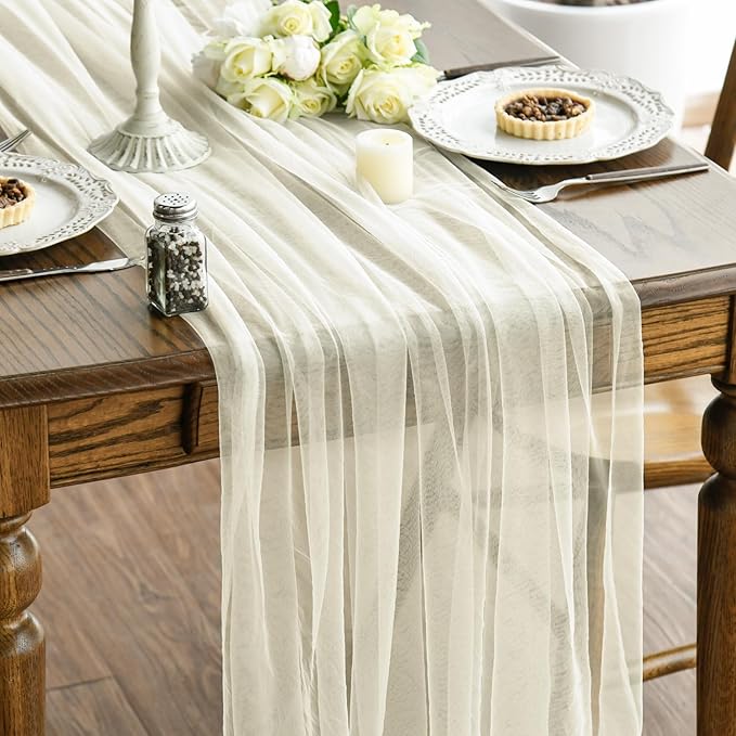 Artoid Mode Beige Gauze Table Runner 120 Inch 10FT, Seasonal Sheer Kitchen Dining Holiday Wedding Birthday Baby Shower Table Decor for Home Party