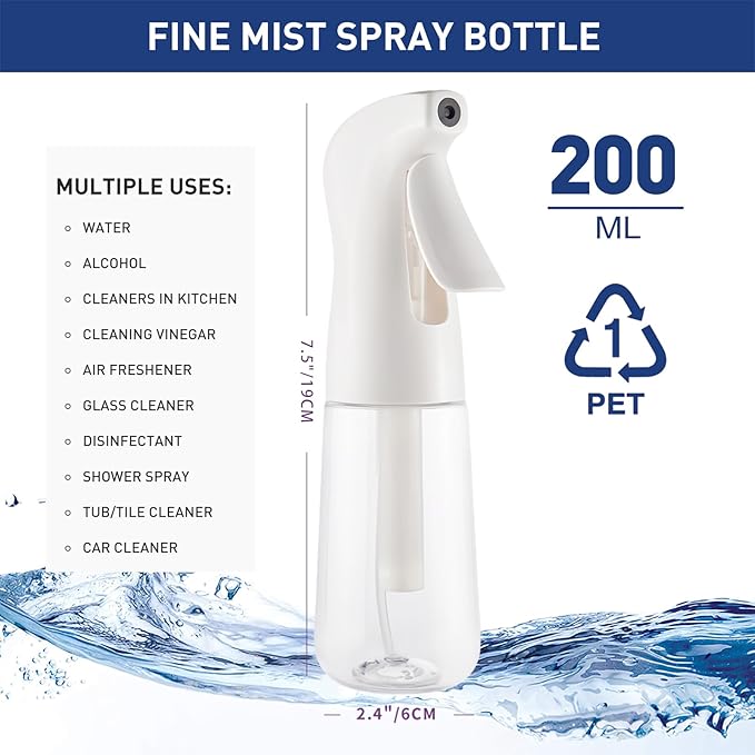 TANSHINE Continuous Spray Bottle for Hair,Ultra Fine Mist Water Hair Spray Bottles,Mister Spray Bottle,Refillable Plastic Sprayer for Hairstyling, Cleaning,Alcohol, Plants, Salons,6.8oz/200ml,Clear