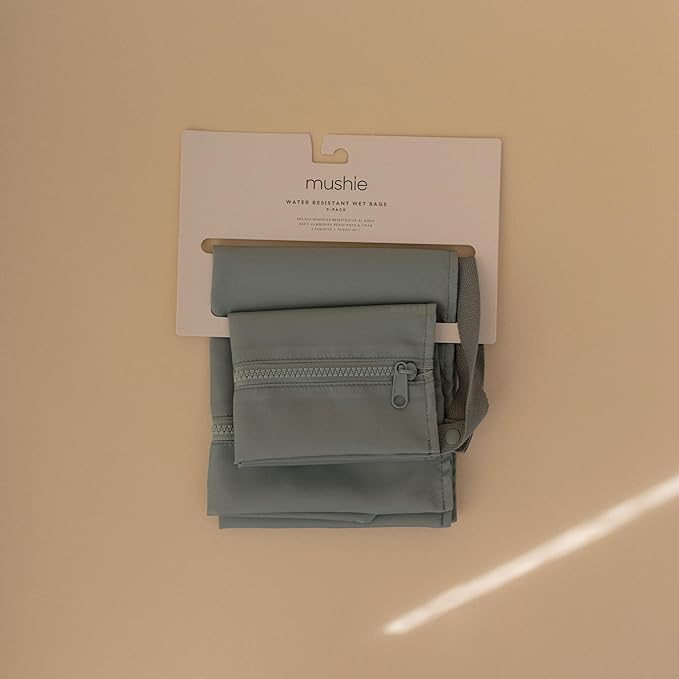 mushie Water Resistant Wet Bags | Large & Small Reusable Storage Bag for Baby Items and Travel | Zippered Pockets with Handle | Machine Washable, Set of 2 (Roman Green)