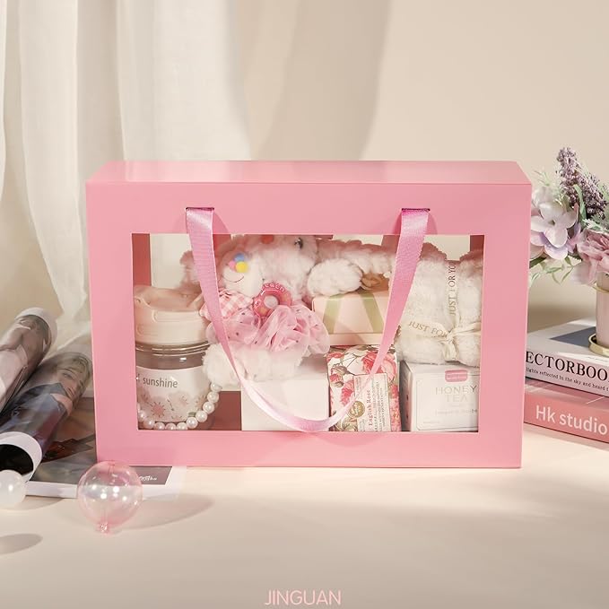 Large Pink Clear Gift Boxes, 13.5x9x4.1 Inches Gift Boxes with Windows by Handles, Bridesmaid Proposal Boxes, Collapsible Gift Boxes with Magnetic Closure (Glossy Pink, 5 Pack)