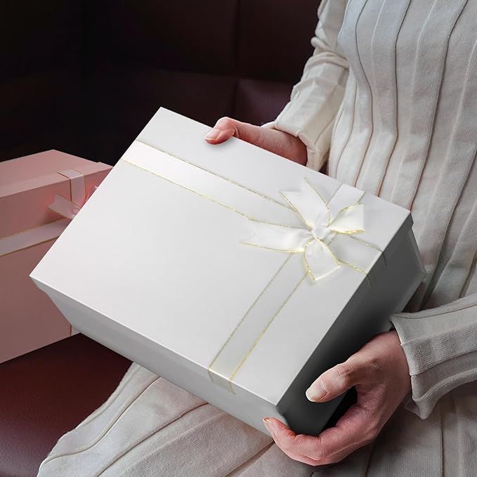 2 Pack Large Gift Boxes with Lids for Presents, 13"x10"x5" White Gift Wrap Boxes, Foldable Box for Gifts, Sturdy Present Box for Birthdays, Anniversaries, Festivals or Special Celebration