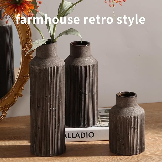 Farmhouse Vase for Home Decor, Ceramic vase Set of 3. Vintage Flower Vase Suitable for Home Decor, Living Room, Shelf Decor, Dining Table Decor.