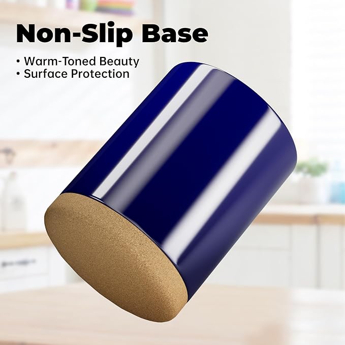 Ceramic Kitchen Utensil Holder for Countertop, Modern Crock with Non-Slip Cork Base, Counter Organizer for Cooking Tools , Blue