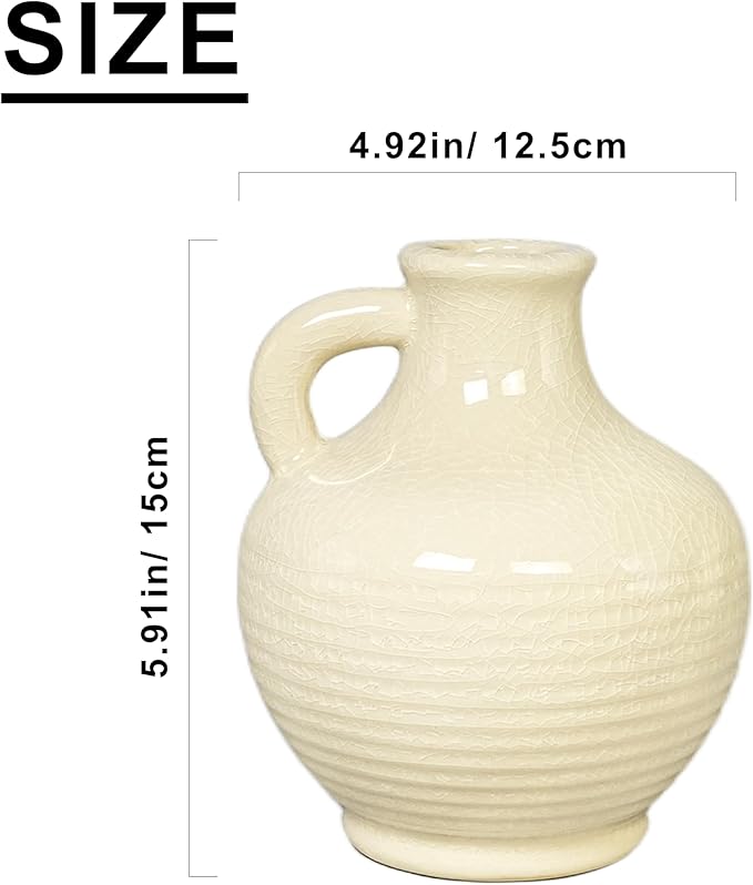 Sunddo White Ceramic Vase 6 Inch - Small Modern Flower Vase for Home Decor, Decorative Vases with Handle, Boho & Minimalist, Living Room Cabinet Table Centerpieces Wedding Beige