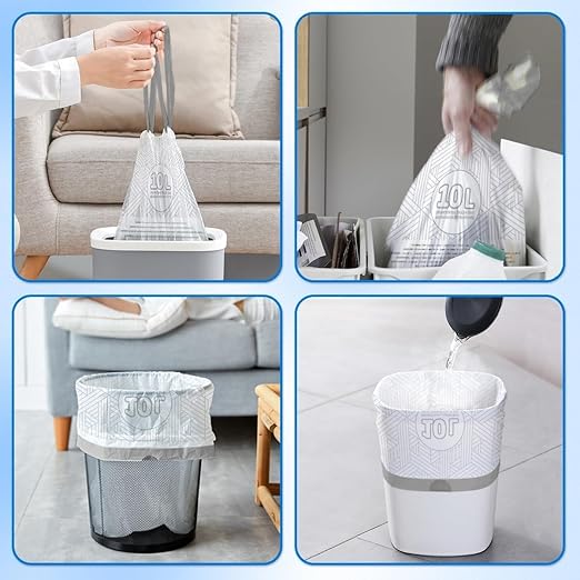 OKKEAI 2.6 Gallon Drawstring Trash Bags, White Small Bathroom Garbage Bags – 90 Count Tear-Free, Heavy Duty Printed Liners, Leak-Proof White Trash Bag for Kitchen, Office, Multipurpose Use