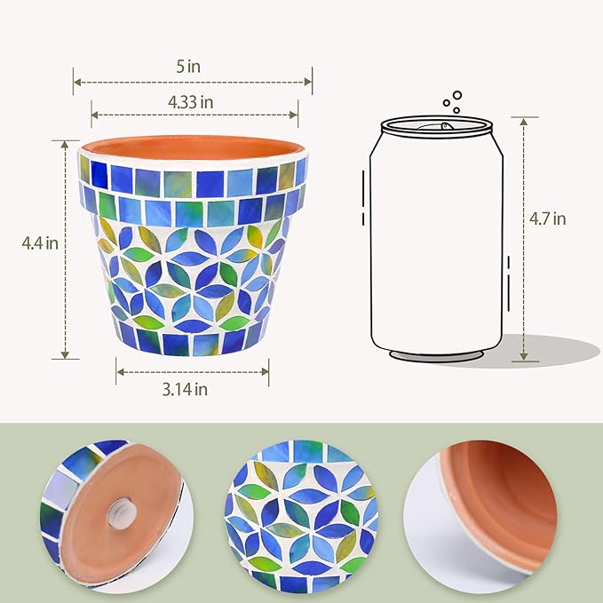 Small Mosaic Plant Pot Flower Pots Ceramic Planter with Drainage Hole Small Ceramic Pot for Indoor Outdoor Plants Succulent Pots Blue with Flower Design
