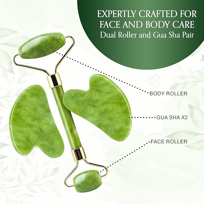 4-Piece Body Roller Jade & Authentic Jade Roller and Gua Sha Set for Face and Body Sculpting, Puffiness Reduction, Lymphatic Support, and Relaxing Spa Massage