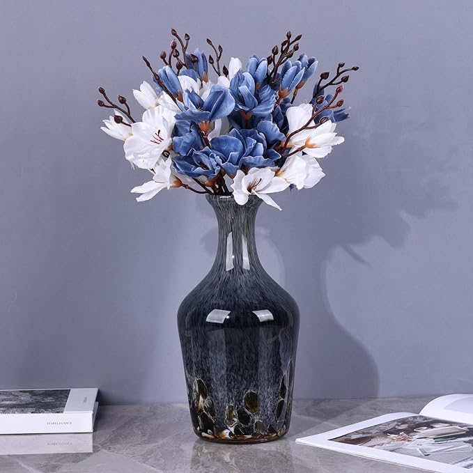 12.2" Tall Hand Blown Glass Vase – Pretty Grey Decorative Flower Vase, Modern Vintage Fusion Home Decor, Colorful Murano Glass Vases for Table Centerpieces, Living Room, Bathroom, Entry Table
