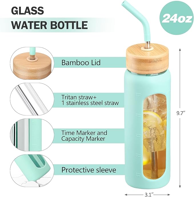 24oz Glass Water Bottle with Straw and 2 Lids-Bamboo and Spout Lid, Borosilicate Glass Water Bottle with Silicone Sleeve and Time Marker,BPA Free & Cupholder Friendly,Mint Green