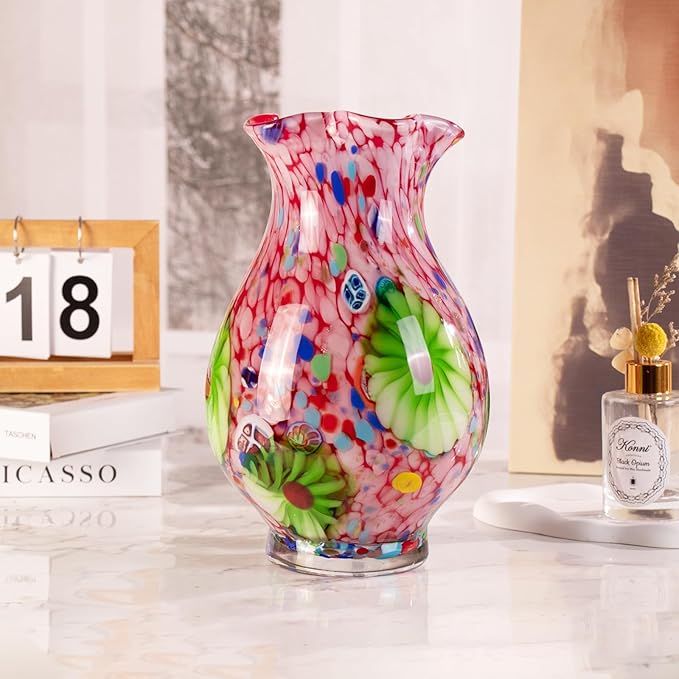 KAMMAK Colored Glass Vase, Beautiful Hand Blown Decorative Vase, Modern Art Vase for Flower Mantle Dining Table Centerpiece, Entryway Living Room Wedding Decoration, FH025