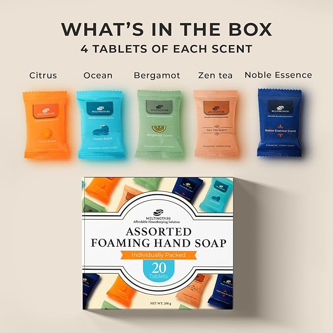 Assorted Foaming Hand Soap Tablets – 20 Tablets in 5 Scents (Citrus, Bergamot, Ocean, Noble Essence, Zen Tea) – Individually Packed, Concentrated Soap Refill for Foam Dispensers