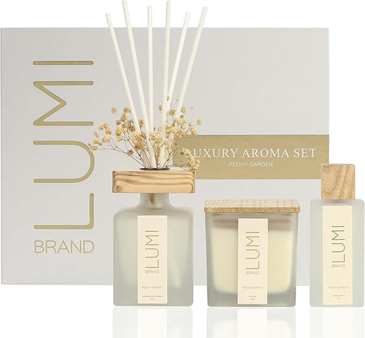Luxury Aroma Gift Set | Peony Garden - Reed Diffuser (200ml), Wood Wick Soy Candle (200g), Room Spray (50ml) | Includes Dried Flowers & 8 Reeds | Luxurious Home Fragrance for Home Décor & Gifts
