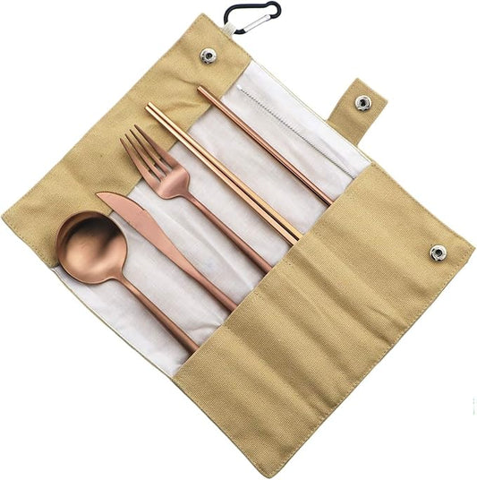 Gugrida Luxury Rose Gold Matte Portable 18/10 Stainless Steel Travel Flatware Sets of 7 Portable Camping Cutlery Set, Healthy & Eco-Friendly Flatware Set with Carrying Case for Travel or Camping