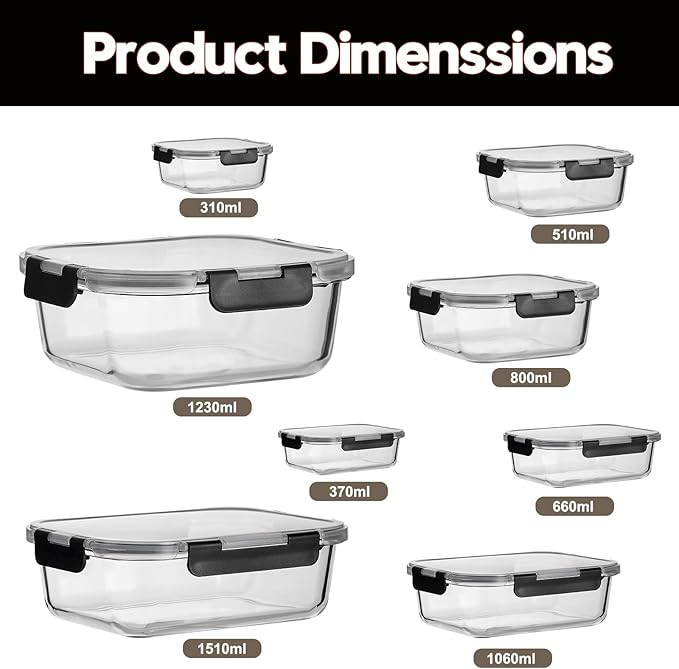 Wells Glass Meal Prep Containers, 8 Pack Glass Food Storage Containers Set with Airtight Locking Lids for Lunch, Fridge, Freezer, Dishwasher Safe, BPA-Free, Clear