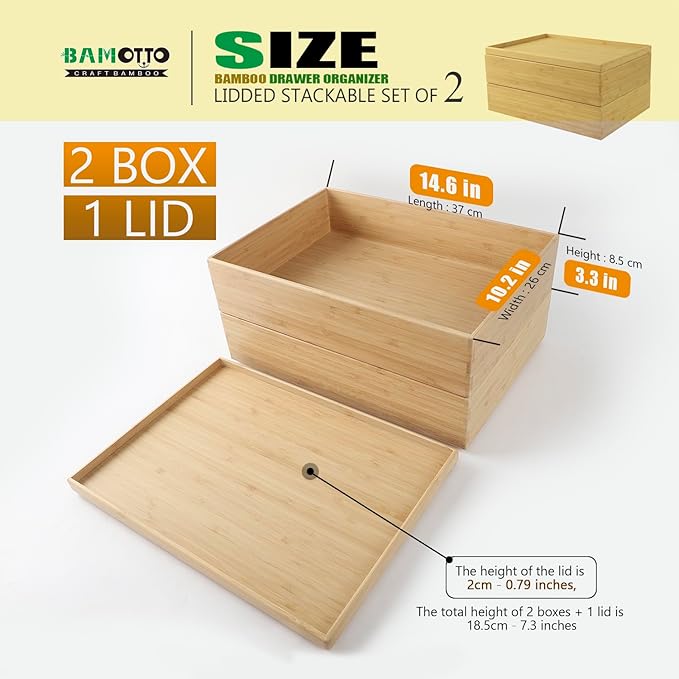 Stackable Bamboo Drawer Organizer Set – 2 Boxes with 1 Lid | Wood-Laminated Trays for Kitchen Utensils, Silverware & Flatware – Fits Cabinets, Pantry, Bathroom & Office | 14.6"x10.2" (2-Pack)