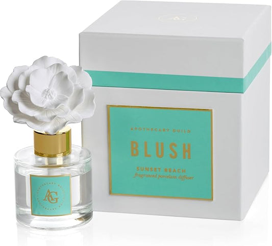 Zodax Apothecary Guild Blush Porcelain Oil Diffuser - Home Fragrance Diffuser Ideal for Living Room, Bathroom, Office - Makes a Great Gift - Porcelain Flower Design - Sunset Beach - 1.69 Oz.