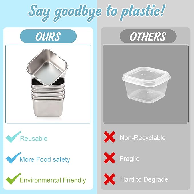 6x2.7 Oz Salad Dressing Container to Go,Handy Leakproof Stainless Steel Meal Prep Containers Reusable,Sauce Containers for Lunch Box, Picnics, Travel, Office and Kitchen Storage-Square