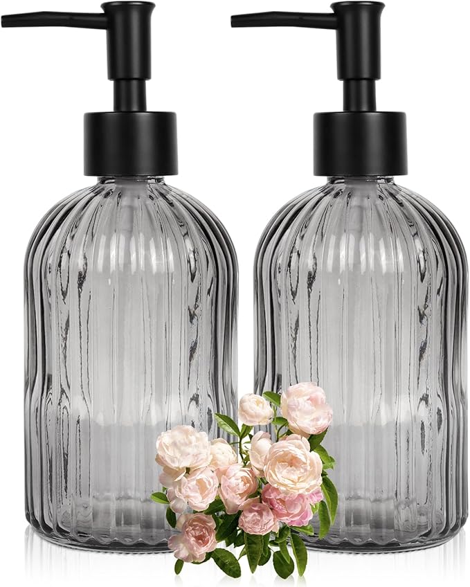 2 Pack 11oz Glass Soap Dispenser with Plastic Pump, Vertical Stripe Design Refillable Hand Soap Dispenser for Hand Wash, Bathroom and Kitchen
