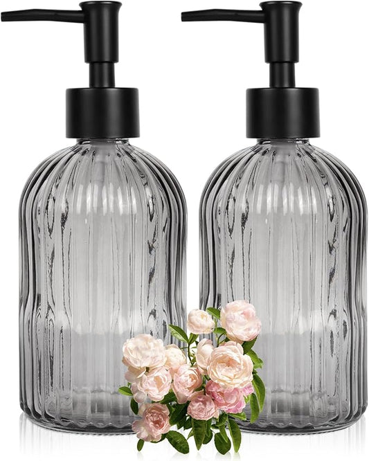 2 Pack 11oz Glass Soap Dispenser with Plastic Pump, Vertical Stripe Design Refillable Hand Soap Dispenser for Hand Wash, Bathroom and Kitchen