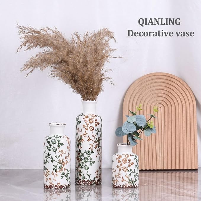 Ceramic Vase Set - 3 Ceramic Small Vases, Farmhouse Country Flower Vase Home Decor, Living Room Decoration, Table Decoration, Fireplace Decor, and Entrance Decorations Centerpiece