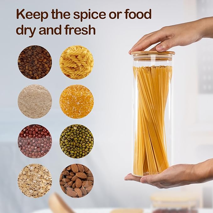70oz Straight cylindrical Airtight Storage Jars with Bamboo Lid Set of 3 Storage Container Glass Jars, Kitchen Canister for Noodles, Pasta and Coffee beans (‎with Black Lable)